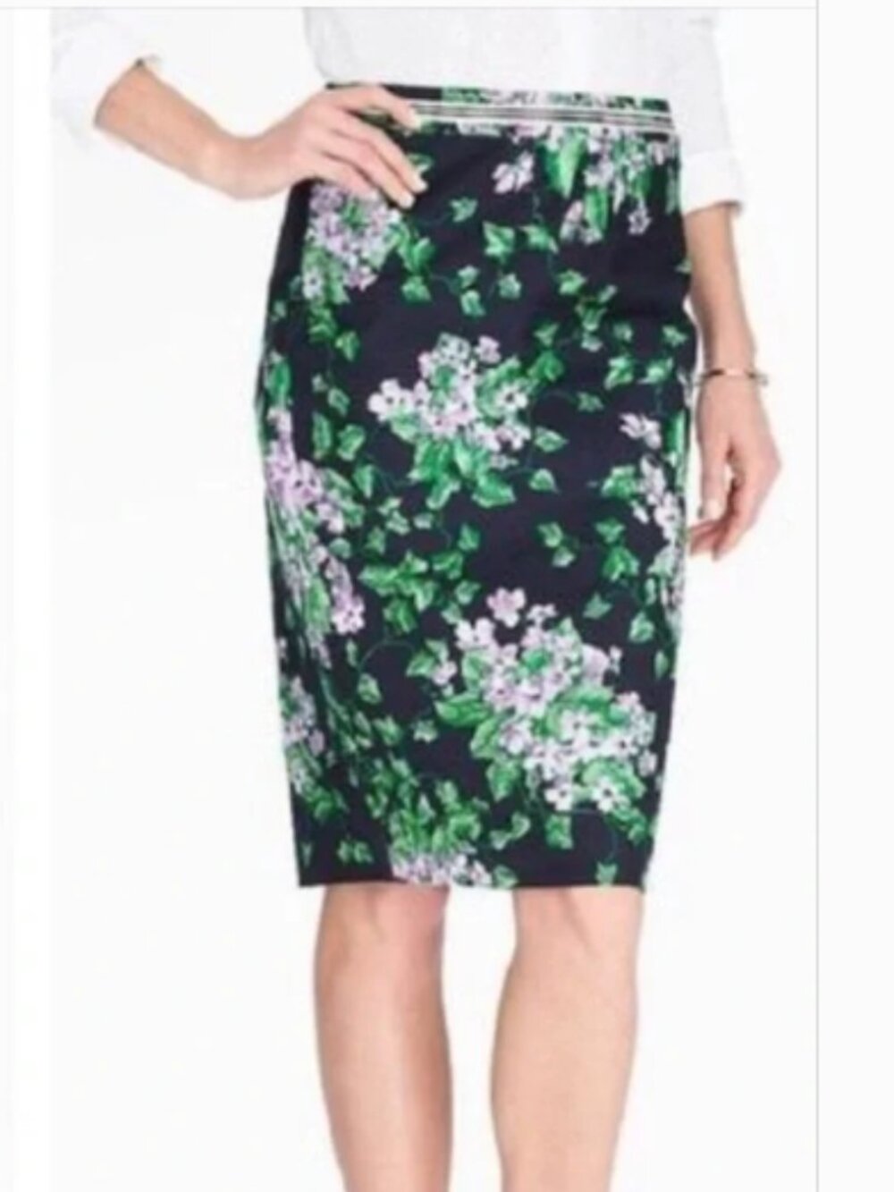Talbots Oprah navy blue purple floral pencil skirt 10